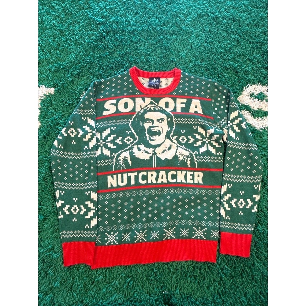 Elf Son of a Nutcracker Sweater Mens Small Green Good Christmas Holiday Knit